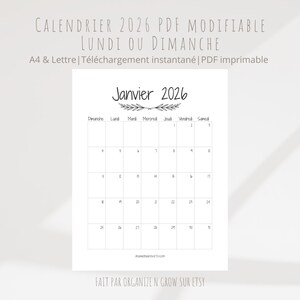 May include: A white printable calendar page for January 2026. The calendar is in a minimalist style with black text and a decorative floral element above the month. The calendar is designed to be modified and printed.