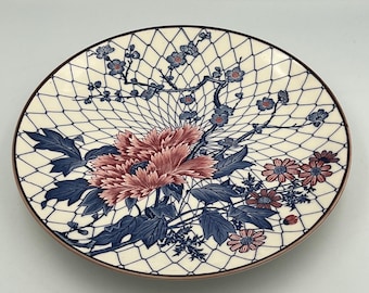 Vintage TOYO Japan 12” Charger Plate Blue Red Peony Floral Lattice Asian Porcelain Wall Decor