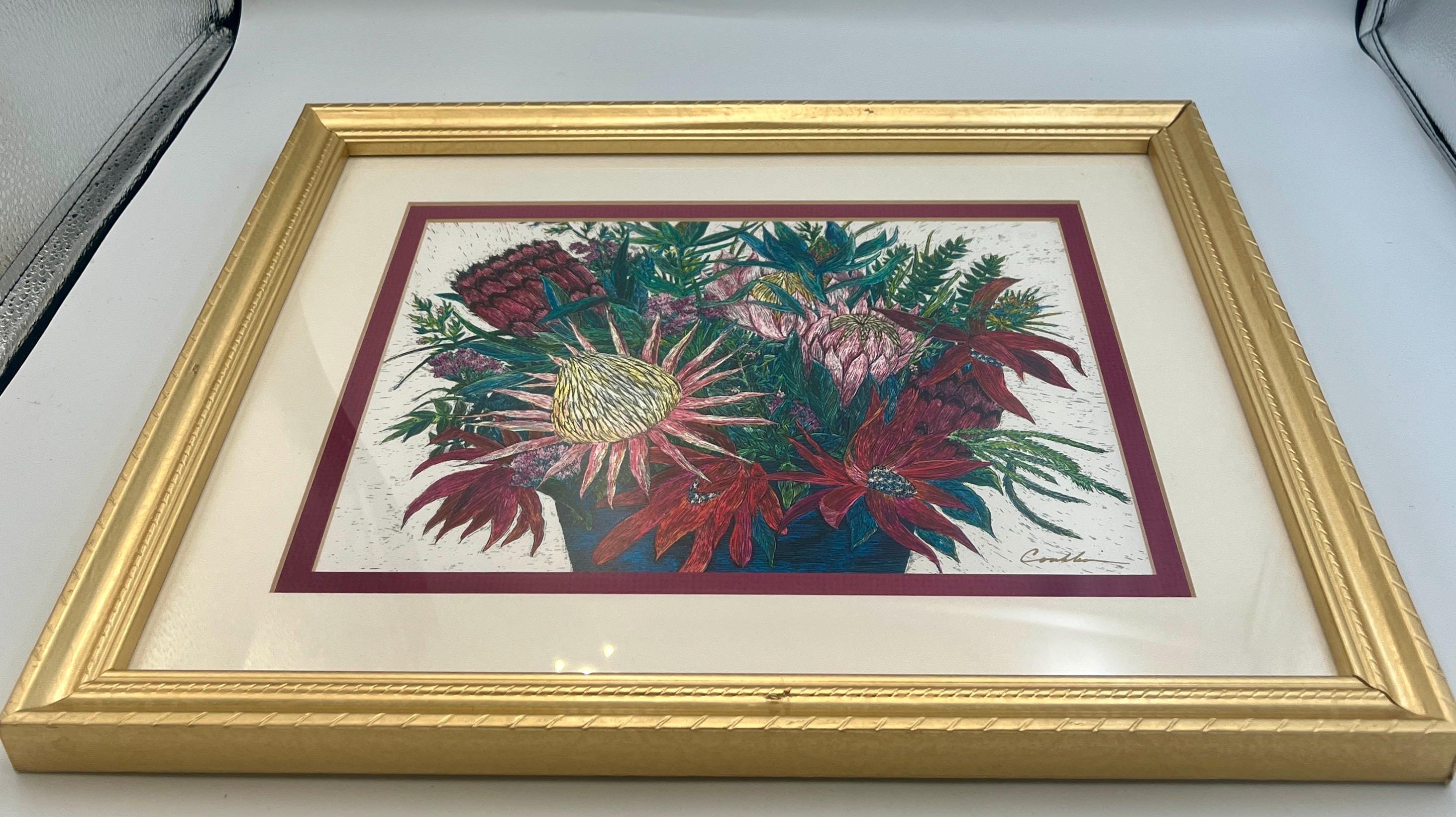 CINDY CONKLIN シンディコンクリン　絵画　スクラッチワーク　ハワイ Signed Cindy Conklin Protea & Ginger Floral Print Tropical