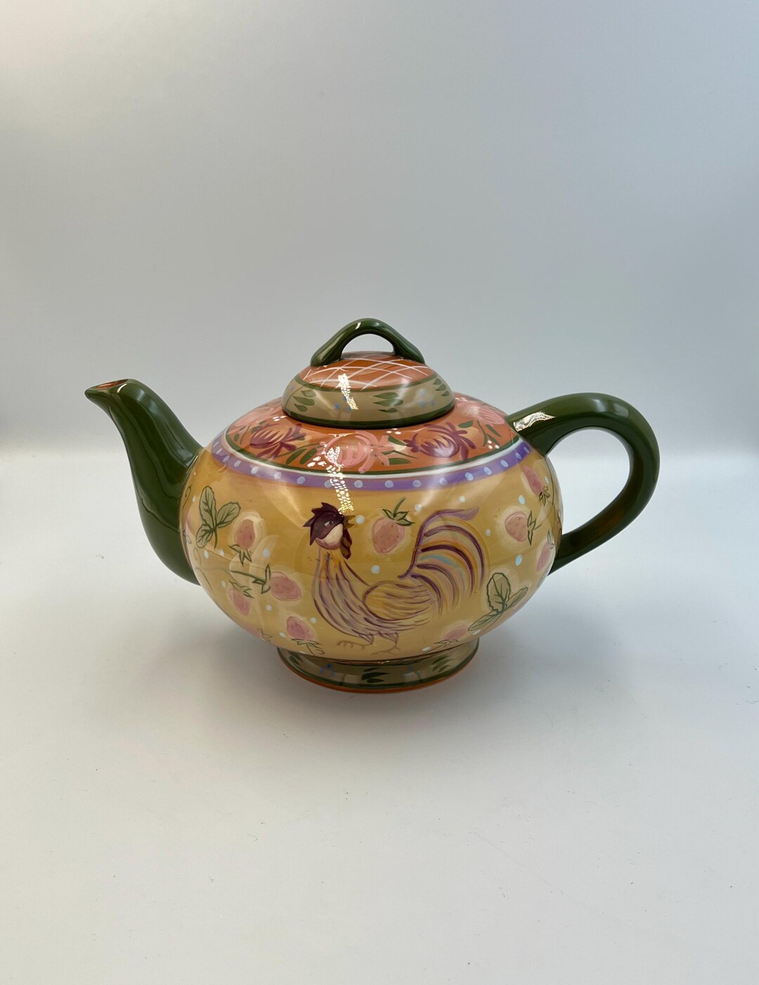 Danna Cullen Zrike Rooster Teapot Hand Painted Strawberry Farmhouse ...