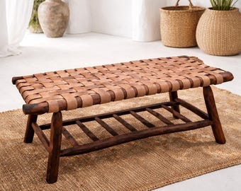 Moroccan Leather Bench – Handwoven Boho Seating with Eucalyptus Wood Frame