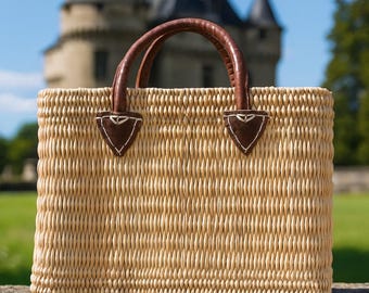 Moroccan Handmade Palm Leaf Market Tote with Genuine Leather Handles