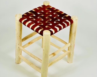 Moroccan Leather & Wood Stool – Handmade Rustic Seating, Natural Boho Furniture