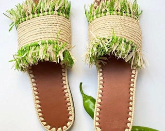 Handgemaakte raffiasandalen dames – Marokkaanse boho-zomerslippers