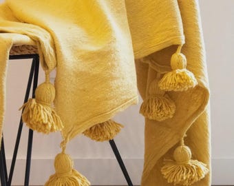 Handwoven Wool Pom Pom Blanket: Moroccan Boho Bed Throw