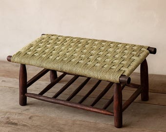 Handwoven Palm Leaf Bench – Rustic Boho Seating on Solid Eucalyptus Wood, Handmade Moroccan Furniture