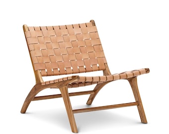 Moroccan Leather Armchair – Handmade Nutwood Chair, Boho Rustic Home Furniture
