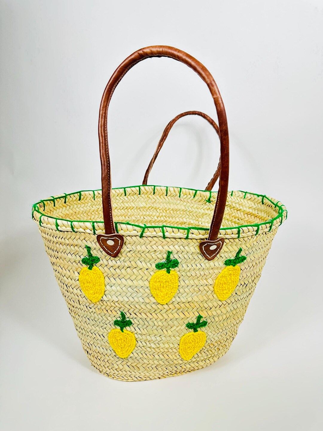 Moroccan Straw Bag With Leather Handles – Lemon Embroidery Design - Etsy