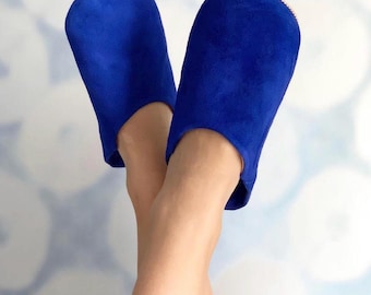 Babouches marocaines faites main pour femmes - Mules en daim bio et peau de mouton -