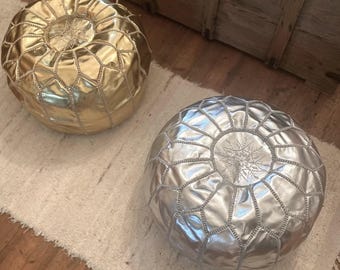Leather Pouf Ottoman – Handmade Moroccan Footstool, Leather Floor Cushion Décor