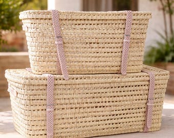 Handmade Palm Leaf Storage Trunk with Leather – Wicker Toy & Home Storage Chest