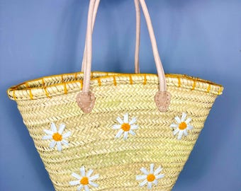 Moroccan Straw Bag with Leather Handles – Flower Embroidery Design