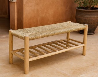 Handwoven Palm Leaf Bench – Rustic Boho Seating on Solid Eucalyptus Wood, Handmade Moroccan Furniture
