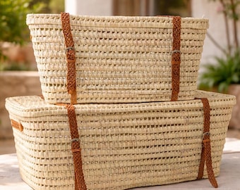 Handmade Wicker Storage Trunk with Leather – Palm Leaf Chest, Natural Toy & Home Storage