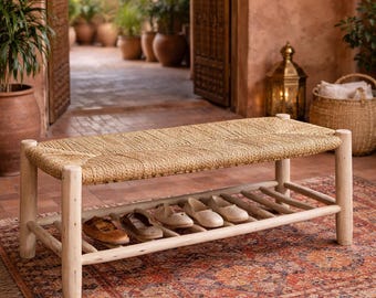 Handwoven Palm Leaf Bench – Moroccan Wooden Bench, Rustic Boho Eucalyptus Seating