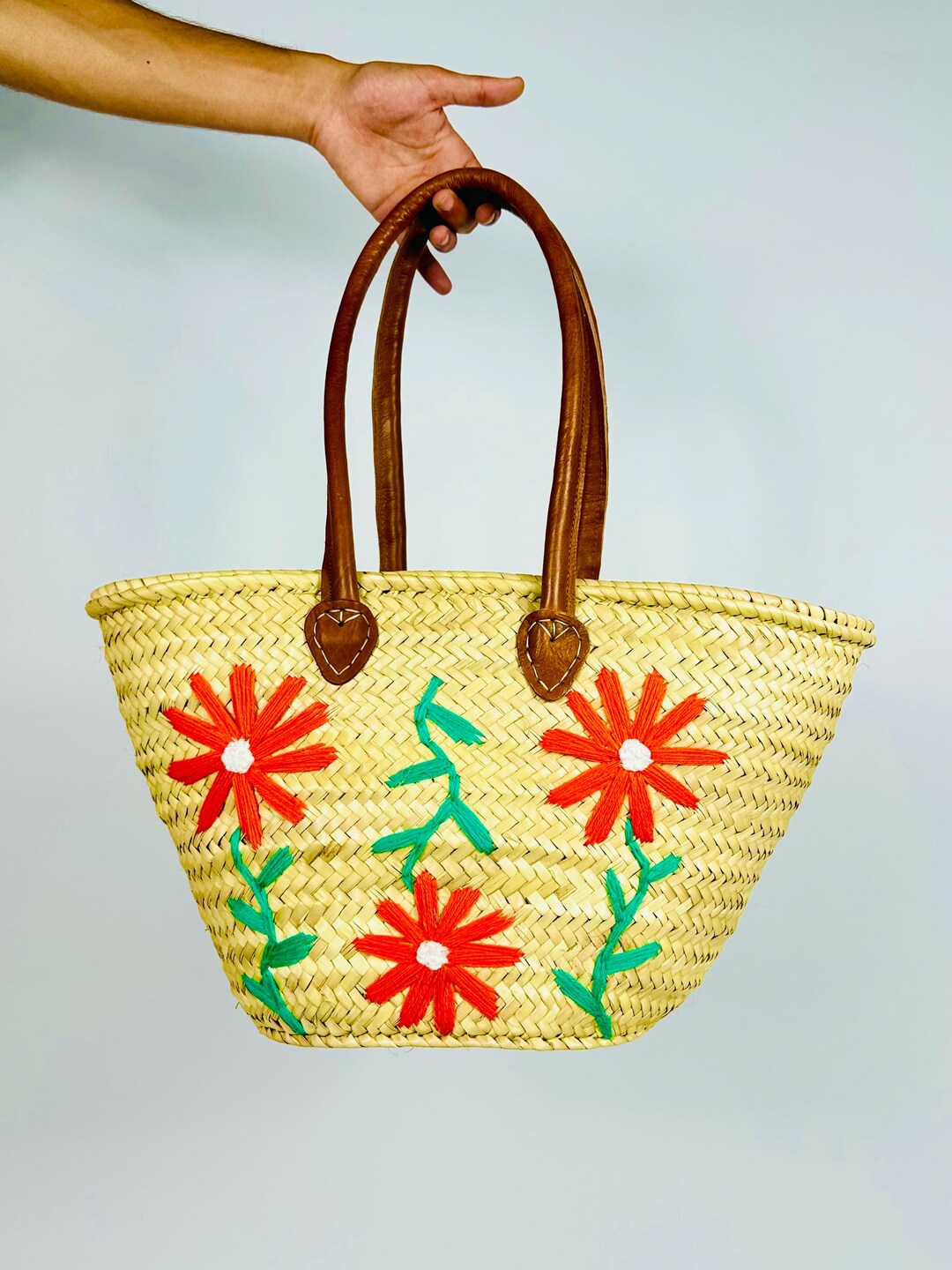 Moroccan Straw Bag With Leather Handles – Flower Embroidery Design - Etsy