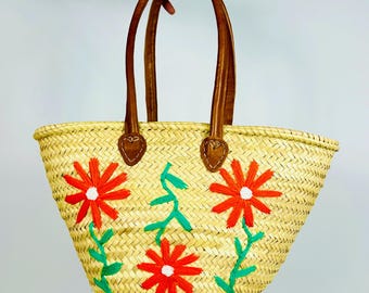 Moroccan Straw Bag with Leather Handles – Flower Embroidery Design