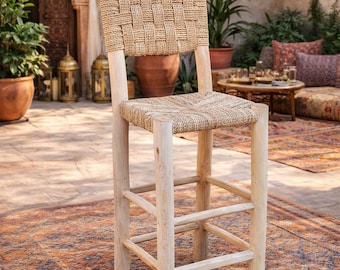 Moroccan Bar Stool, Handwoven Palm Leaf Cord Seat
