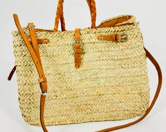 Handmade Moroccan Straw Tote Bag: Leather Straps, Bohemian Beach Bag