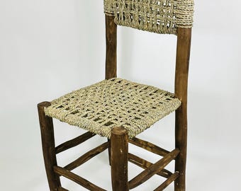Moroccan Wooden Chair with Palm Leaf Cord – Handwoven Boho Seating