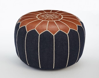 Moroccan Leather Pouf – Handmade Ottoman Footstool, Boho Floor Cushion