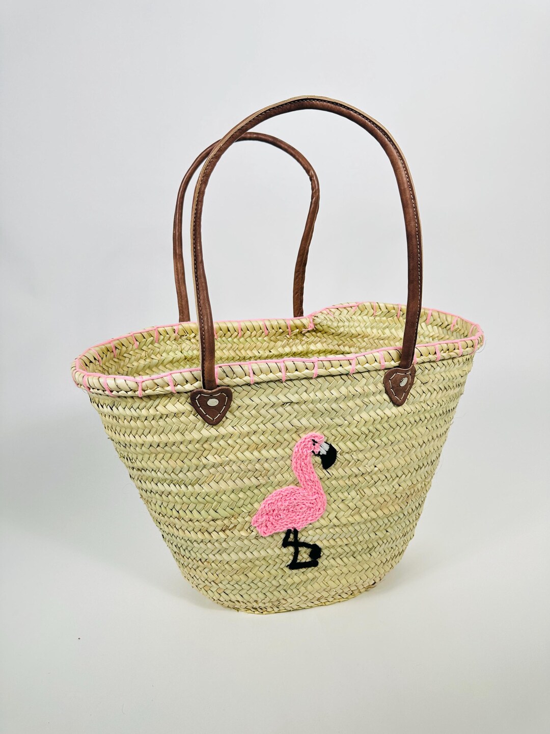 Moroccan Straw Bag With Leather Handles – Flamingo Embroidery Design - Etsy