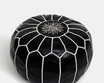 Leather Pouf Ottoman – Handmade Moroccan Footstool & Leather Floor Cushion Décor