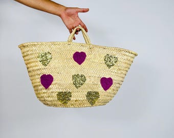 Handwoven Moroccan Straw Tote – Hearts Embroidered Boho Bag