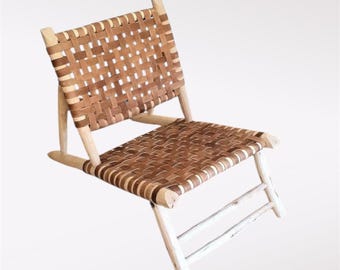 Moroccan Leather Armchair – Handcrafted Wood & Leather Seating, Boho Accent Chair