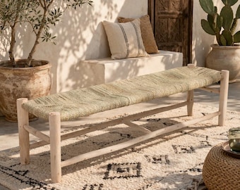 Handwoven Palm Leaf Bench – Moroccan Boho Seating on Solid Eucalyptus Wood, Handmade Furniture