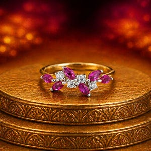 14K Gold Marquise Ruby Diamond Cluster Ring Red Gemstone Leaf Band Marquise Round Cut Wedding Band Stackable Statement Gift for Her
