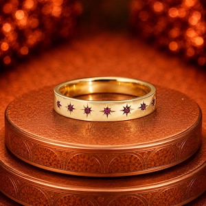 14K Solid Gold Ruby Wedding Band, Celestial Starburst Ring, Stackable Anniversary Band, Minimalist Promise Ring, July Birthstone