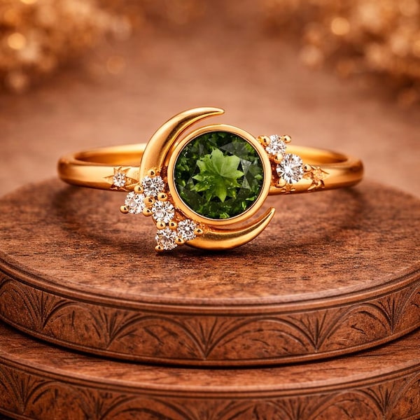 14K Gold Moldavit Moissanite Sonne Mond Stern Ring, Halbmond Art Deco Zierliche Braut stapelbarer grüner Edelstein Ring