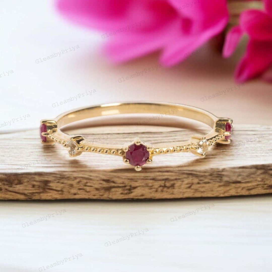 handmade ruby stone stacking ring delicate... Delicate Gold Ruby Diamond Stacking Ring Dainty Beaded Band Minimalist ...