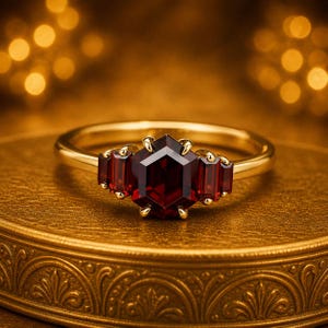 May include: A gold ring featuring a large, hexagonal, deep red gemstone as the centerpiece, flanked by smaller rectangular red stones. The ring is set on a gold surface, with a blurred golden background.