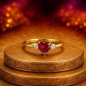May include: A gold ring with a heart-shaped, deep red gemstone as the centerpiece, flanked by two smaller, round, clear gemstones. The ring sits on a gold, decorative surface, with a blurred, warm-toned background.