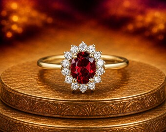 Vintage Garnet Ring, Natural Garnet Halo Ring, Garnet Engagement Ring, 9k Gold Garnet Ring, January Birthstone Ring, Gift For Women