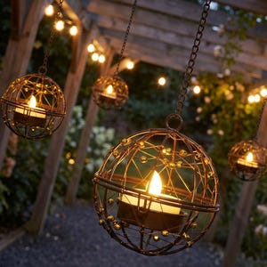 May include: Hanging outdoor candle lanterns. Spherical metal lanterns with a bronze finish are suspended from chains. Each lantern holds a lit candle. The background includes a wooden pergola and string lights, creating a warm, inviting ambiance.