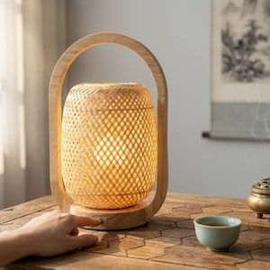 May include: A woven bamboo lantern with a warm, inviting glow. The cylindrical shade is encased in a wooden frame with a handle. The lamp sits on a wooden base, and a hand is reaching to turn it on. The lamp is on a wooden table.