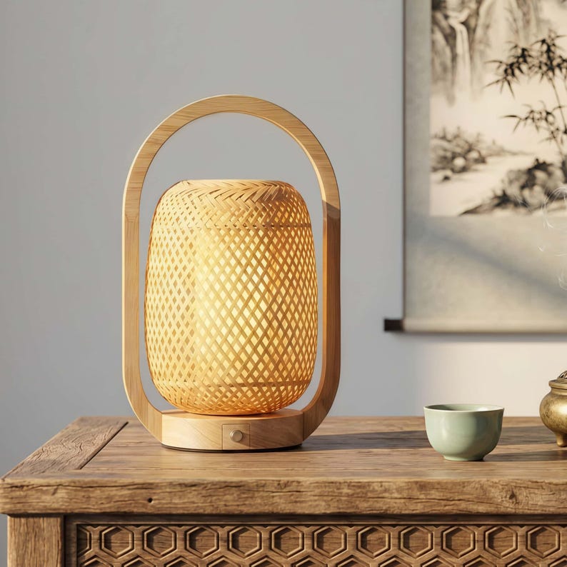 May include: A bamboo lantern with a woven shade and a wooden handle. The lamp sits on a wooden table with a small green teacup and a decorative metal container. The lamp's shade is illuminated, casting a warm glow.
