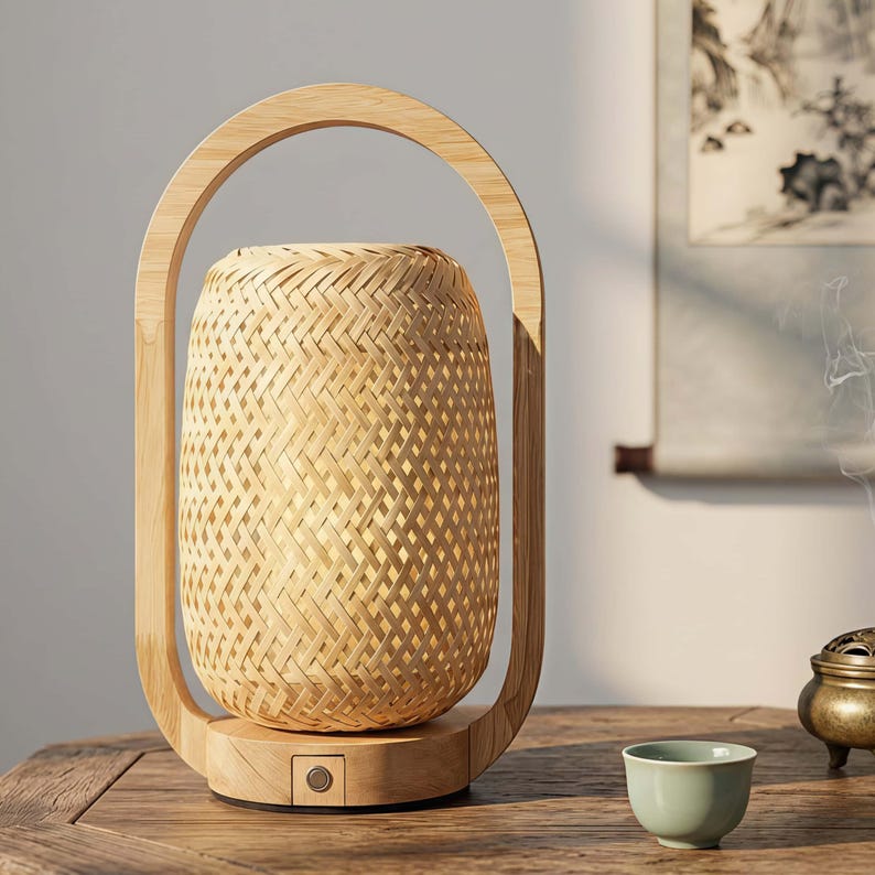 May include: A natural woven bamboo lantern with a wooden handle and base. The lamp has a cylindrical woven shade and a button on the base. The lamp is on a wooden table, with a small green teacup and incense burner nearby. The lamp is a decorative home decor item.