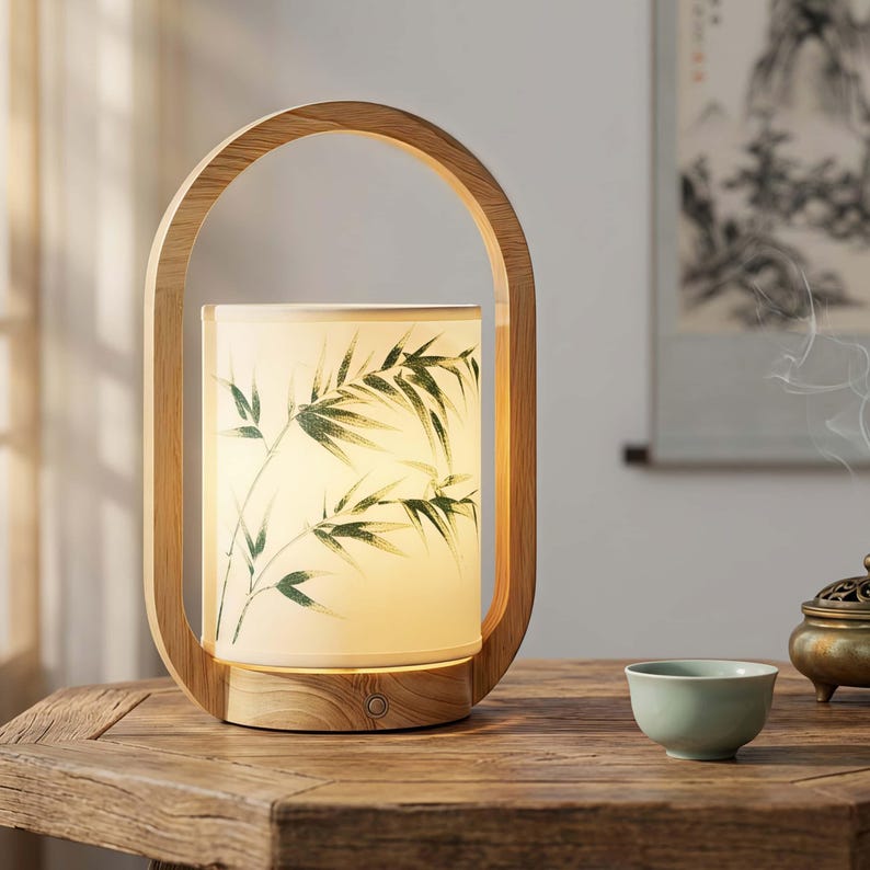 May include: A wooden table lamp with a cylindrical shade featuring a bamboo design. The lamp has a light wood frame with an arched handle. The shade is lit from within, and a small green teacup sits nearby.