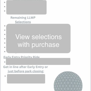 May include: A digital graphic with text about Lightning Lane Multipass (LLMP) selections. The text includes "Pre-park Selections", "Remaining LLMP Selections", and "View selections with purchase". A stylized globe graphic is in the lower right corner.