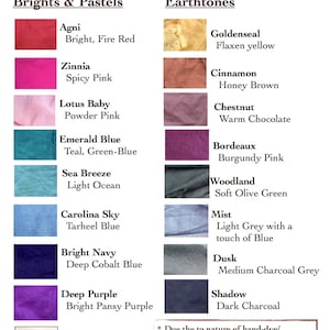 May include: A chart showing the color names and descriptions of natural dyes used in the Surya Leela line of clothing. The colors are divided into two categories: Brights & Pastels and Earthtones. The colors include Agni (Bright, Fire Red), Zinnia (Spicy Pink), Lotus Baby (Powder Pink), Emerald Blue (Teal, Green-Blue), Sea Breeze (Light Ocean), Carolina Sky (Tarheel Blue), Bright Navy (Deep Cobalt Blue), Deep Purple (Bright Pansy Purple), Light (Natural, Un-dyed), Goldenseal (Flaxen yellow), Cinnamon (Honey Brown), Chestnut (Warm Chocolate), Bordeaux (Burgundy Pink), Woodland (Soft Olive Green), Mist (Light Grey with a touch of Blue), Dusk (Medium Charcoal Grey), and Shadow (Dark Charcoal).