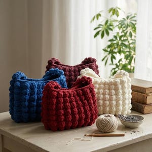 May include: Four handmade crochet baskets in blue, red, burgundy, and cream sit on a distressed white table. A ball of yarn, a crochet hook, and a small bowl of lavender are also on the table, suggesting a crafting theme. The baskets are textured.