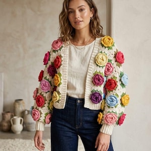 Op de afbeelding: Crèmekleurig gehaakt vest versierd met kleurrijke, driedimensionale bloemenapplicaties in rood, roze, geel, blauw en paars. Het vest wordt gedragen over een witte top en gecombineerd met een donkerblauwe jeans.