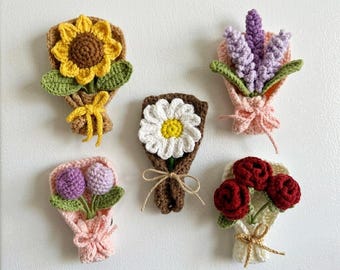 5 Crochet Flower Bouquet Fridge Magnets easy to make can be used as a decor or can be gifted Rose Tulip sunflower lavender and one more
