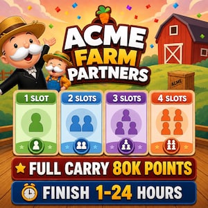 以下が含まれることがあります： ACME FARM PARTNERSというタイトルのデジタルゲーム画像。麦わら帽子をかぶった2人のキャラクター、赤い納屋、木箱が描かれています。4つの長方形パネルには1、2、3、4スロットのアイコンが表示されています。テキストは「FULL CARRY 80K POINTS」および「FINISH 1-24 HOURS」です。