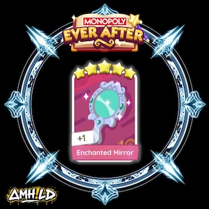 Puede incluir: Una carta de Monopoly Ever After con un Espejo Encantado. La tarjeta tiene un fondo rosa con un diseño de espejo azul claro y blanco. La tarjeta está rodeada por un marco azul decorativo y el logotipo de Monopoly Ever After.