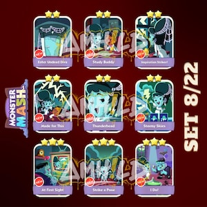 May include: A collection of nine Monster Mash game cards arranged in a grid, labeled Set 8/22. Each card features cartoon illustrations of monster characters with titles like Enter Undead Diva, Study Buddy, Inspiration Strikes, and I Do.